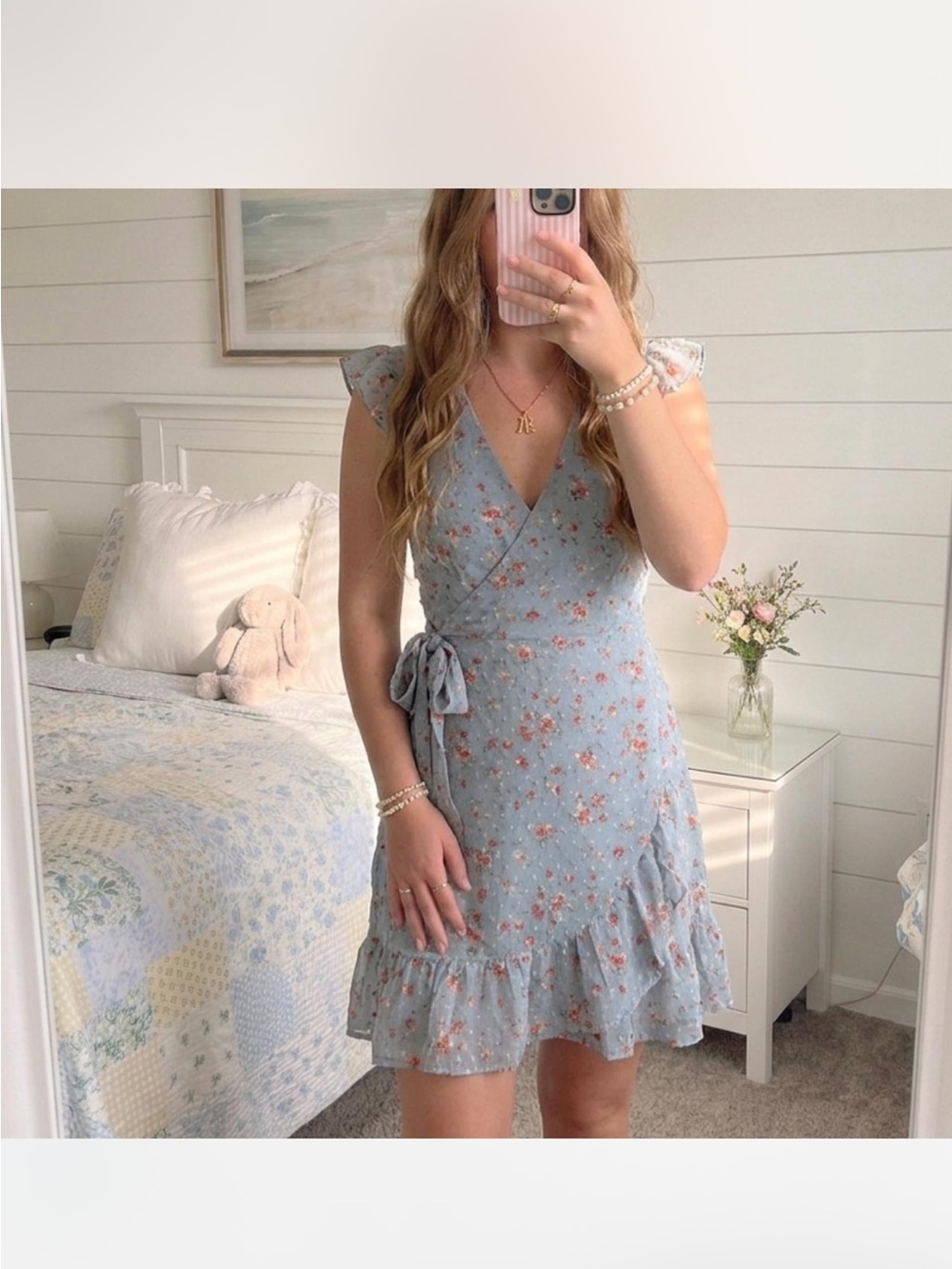 Light Blue Floral Wrap Mini Dress with Tie Waist